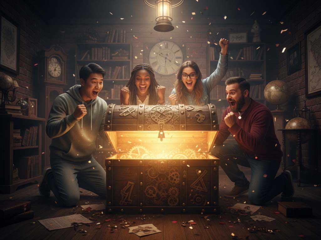 گروهی از بازیکنان خوشحال که در حال حل معمای نهایی و باز کردن صندوق در اتاق فرار هستند.