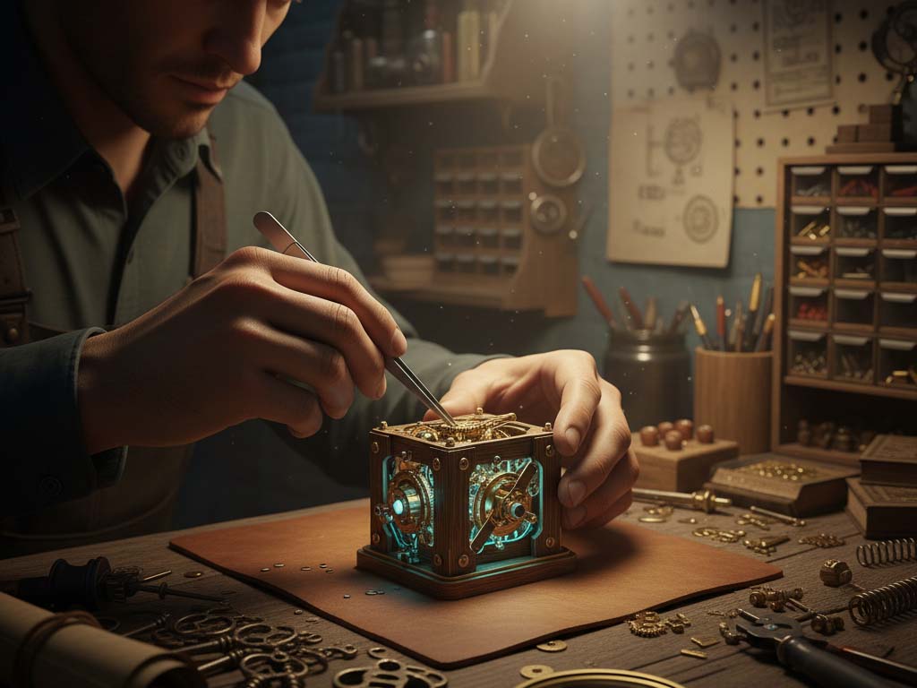 فرایند ساخت و مونتاژ یک معمای مکانیکی پیچیده برای استفاده در طراحی اتاق فرار.